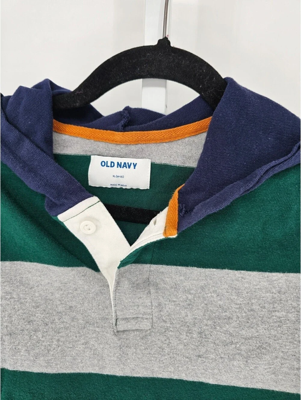 Old Navy Boys Sz XL Long Sleeve Hooded T Shirt Green Gray Striped